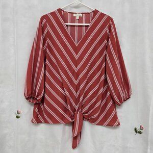FAITH AND JOY*RUST/CORAL BLOUSE*STRIPED V-NECK*TIE-FRONT* CUFFED SLEEVES*SIZE: L